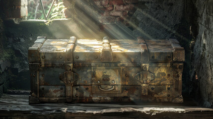 A rusty old chest sits on a wooden table
