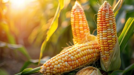 Golden Sunrise Cornfield with Ripe Ears of Corn Illuminated by Sunlight