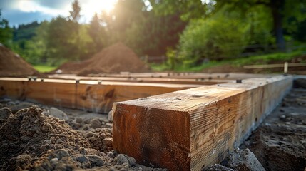 Sunny Outdoor Construction with Wooden Beams and Piles of Dirt