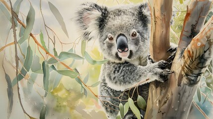 Fototapeta premium Koala and her baby watercolor painting. 
