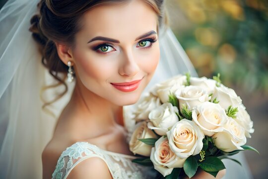Beautiful Bride With A Bouquet Of White Roses.