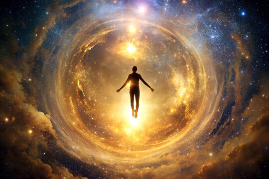 A human silhouette floating in the galaxy. there is a golden light of the center backdrop,