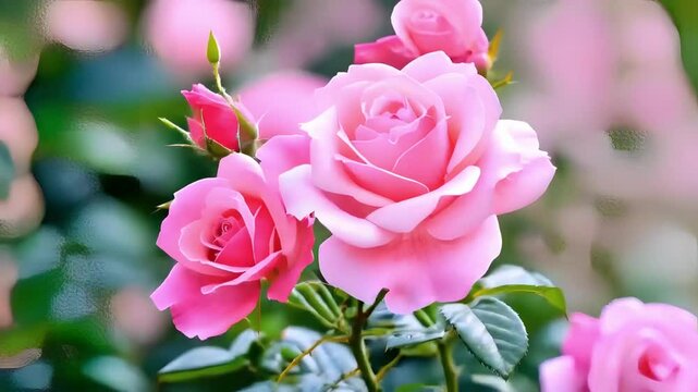 Pink roses bloom beautifully in a garden against a green background, e