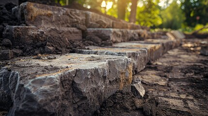 Sunlit Stone Steps in a Forest with Natural Light and Shadows
