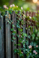 Rustic Wooden Fence with Climbing Vines and Blossoming Flowers in a Sunlit Garden