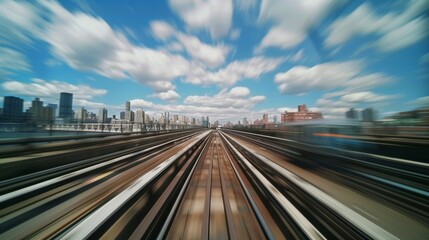 A blur of motion as the train zips through the viaduct leaving behind a trail of clouds in the sky.