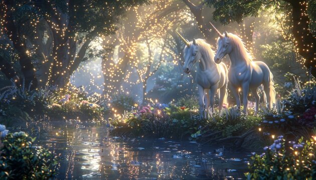 Enchanting Unicorns Frolicking in an Enchanted Forest - Unicorns are beloved mythical creatures often associated with purity, grace, and beauty