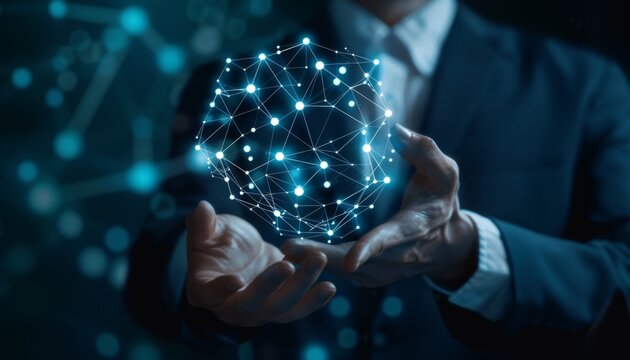 Businessman hand holding algorithm development icons with strong network connections. Fostering the growth of innovation-driven and tech savvy business