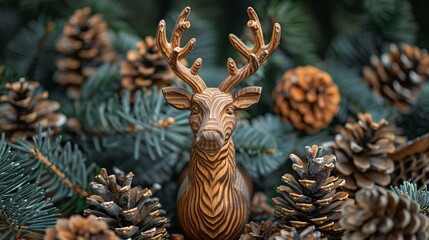 Festive Wooden Reindeer Amidst Pine Cones and Evergreen Branches