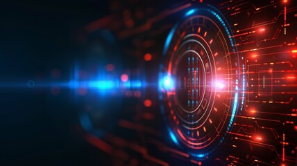 Obraz premium Abstract futuristic digital technology background with glowing red and blue lights. High-tech graphic design, innovation concept.