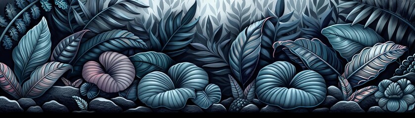 Botanical garden with exotic plants, detailed leaves, vibrant colors, realistic illustration