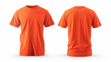 Orange t-shirt mock up, front and back view, isolated. Plain orange shirt mockup. Tshirt design template. Blank tee for print