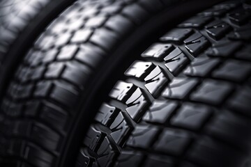 Close-up of car tires with detailed tread pattern, highlighting their texture and design for automotive use.