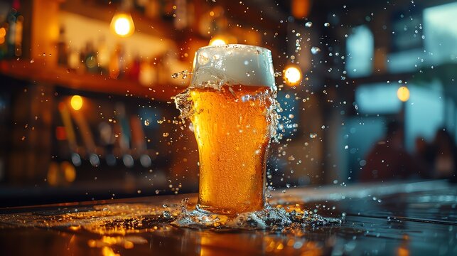 Beer pouring into a glass, dynamic splash and foam, vibrant pub setting with happy patrons in the background