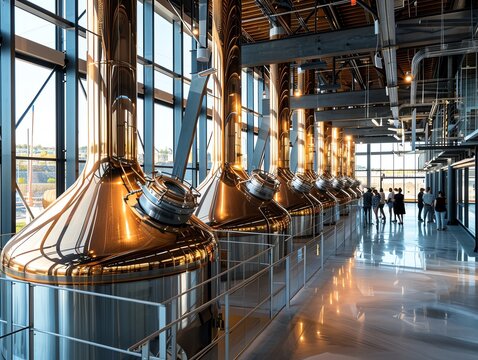 Brewery tour with large brewing tanks, visitors observing the process, industrial and modern design