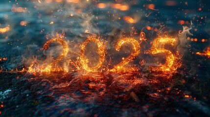 Fiery 2025 Amidst Dark Background with Blazing Sparks and Smoke
