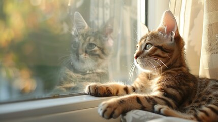 Bengal kitten resting on windowsill sunny spot space for text