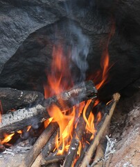 Burning fire. The bonfire burns in the forest. Texture of burning fire. Bonfire for cooking in the forest. Burning dry branches. Tourist fire in the forest. Texture of burning branches.