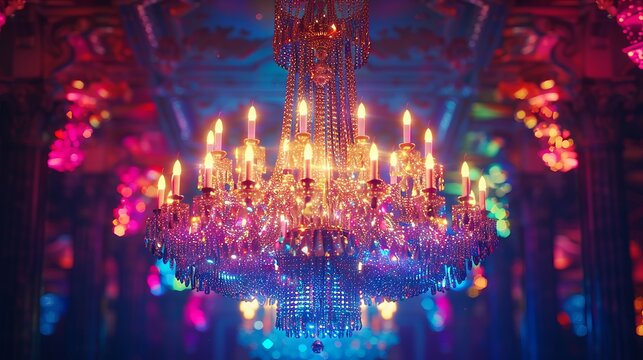Elegant Crystal Chandelier Illuminates Vibrant Colorful Ballroom RGB Spectrum Lights D