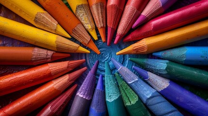 Colorful Pencils in a Circular Pattern Fanned Out Above a Blue Spiral