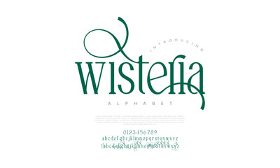Wisteria premium luxury elegant alphabet letters and numbers. Vintage wedding typography classic serif font decorative vintage retro. creative vector illustration