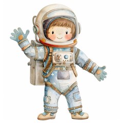 cute boy astronaut waving watercolor primitive stock image on white background