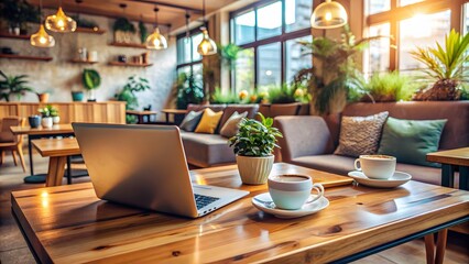Laptop And Coffee Cups On Wooden Table In A Cozy Cafe With Plants And Sunlight In The Background.
