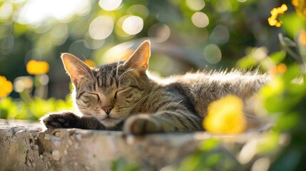 Adorable cat relaxing in the garden on a sunny day