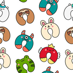 Travel neck pillow with animal face. Seamless pattern. Accessory to healthy sleep. Hand drawn style. Vector drawing. Design ornaments.