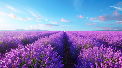 Obraz premium Lavender Fields at Sunset with Clear Blue Sky and Fluffy Clouds