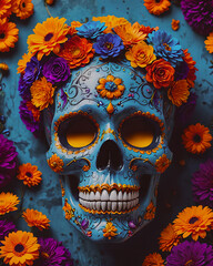 Day of the Dead sugar skull with colorful flowers on blue background.