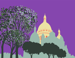 Art Deco or WPA poster art of facade of Basilica of Sacre Coeur de Montmartre, Sacre Coeur Basilica dedicated to the Sacred Heart of Jesus in Paris France done in works project administration style.
