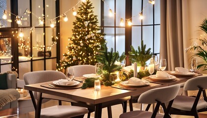 merry christmas interior decoration and design dining room night atmosphere. interior design with light. 