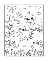 Coloring page with kite and balloon friends flying and chatting outdoor

