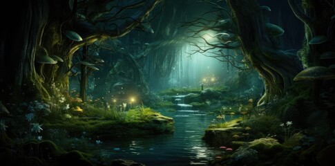 elf background in a dark forest with stream and trees, featuring a large tree and a fish in the foreground