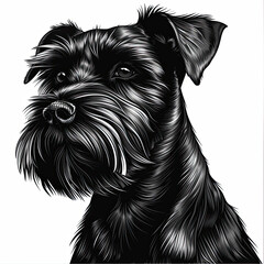 A black and white drawing of a Miniature Schnauzer dog