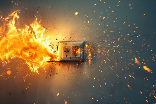 The electrical plug or wall socket short-circuits, causing a fire, causing flames, smoke and sparks.