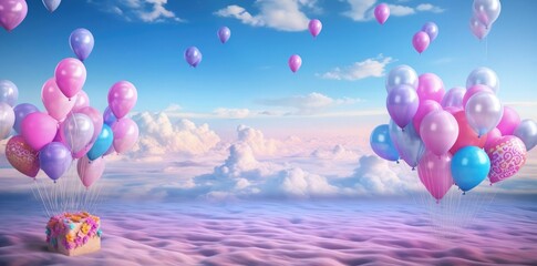 happy birthday zoom background featuring a colorful array of balloons, including pink, purple, blue, and white, set against a blue sky with white clouds