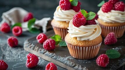 Cupcake Topped with Fresh Raspberries and Mint Leaves on Rustic Slate Board with More Cupcakes and Berries Scattered Around It
