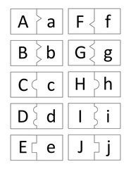 Learn uppercase and lowercase letters of English alphabet from Aa to Jj. Educational flash cards. Cut, mix, play.
