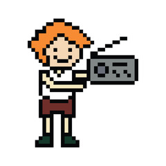 Cute pixel cartoon 8bit character man exercises training dance lifestyle vector decoration life style 8 bit male boy dance with music game fitness isolated vector.