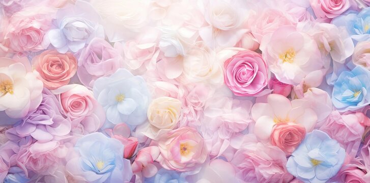 pastel flower background with a variety of pink, white, and blue flowers, including a mix of single and multi - colored blooms