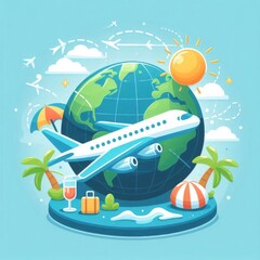Artwork depicting an airplane journey around the world, capturing the essence of global exploration and adventure
