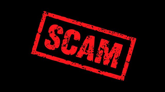 scan stamp with grunge effect with box border. Scammer logo stamp animation for warning of fraud, being deceived and lied to. on alpha background