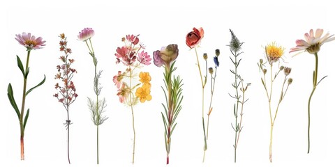 A collection of delicate wildflower stems on white background.