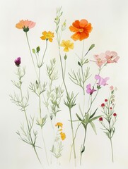 A delicate watercolor illustration of a variety of wildflowers in shades of pink, orange, and yellow.