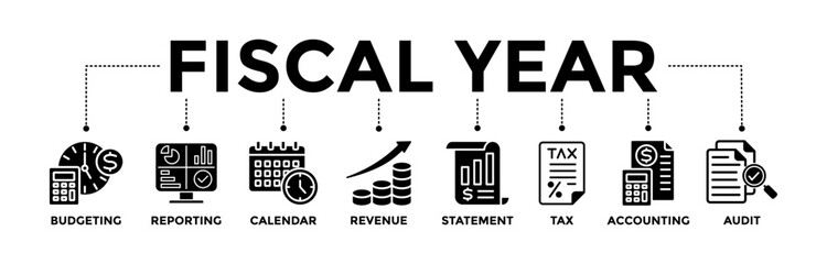Fiscal year banner icons set. Vector graphic glyph style with icon of budgeting, reporting, calendar, revenue, statement, tax, accounting, and audit
