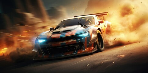 racer background for the video game featuring a blurry building and a blue car, with a black tire in the foreground