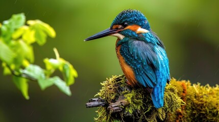 Obraz premium Male common kingfisher in spring habitat perched and looking back with dazzling blue feathers