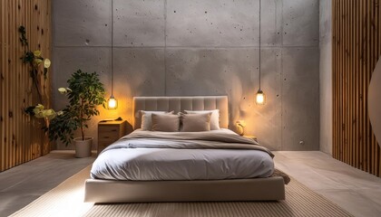 bedroom night atmosphere interior design with light on concrete wall. expose wall. shear wall. lamp. back drop. wallpaper